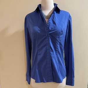 New York & Company Royal Blue Ruffle-Trim Button Down Shirt
